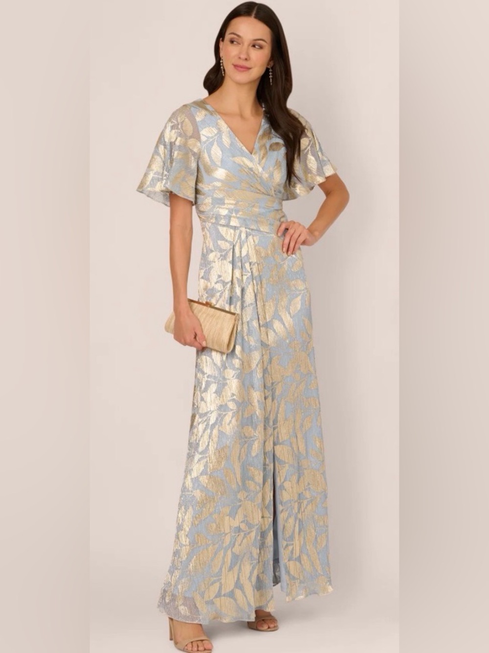 Adrianna Papell Foil Leaf Short Sleeve Gown Draped Light Blue Gold. Size 16. NWT